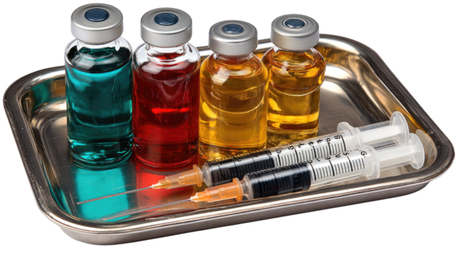 Colorful Medical Vials and Syringes on a Tray Ready for Healthcare Use and Vaccination Procedures