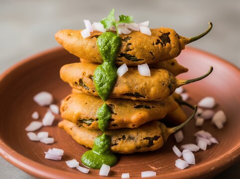 Fried mirchi bajji arranged with chutney and chopped onions on clay plate, vibrant snack presentation