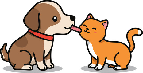 Fototapeta premium Cute cartoon puppy and kitten vector illustration with happy brown pets