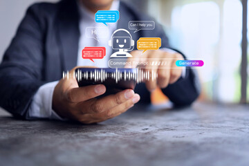 AI chatbot concept with user operating artificial intelligence on mobile device smart phone with text bubble voice wave form by command prompt bar as virtual assistance to help in business analysis