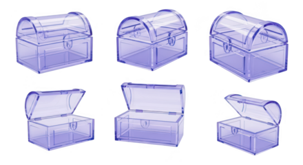 Six translucent purple treasure chests shown closed and open isolated on a white background for illustration or design