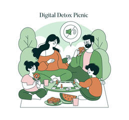 Family Enjoys Digital Detox Picnic Vector Illustration