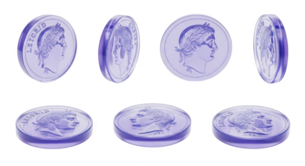 Purple coins in different angles on white background used for illustration of money finance or history
