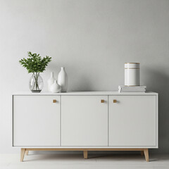 Modern white sideboard with decorations against a blank wall. Minimalist Scandinavian interior for a home decor mockup.