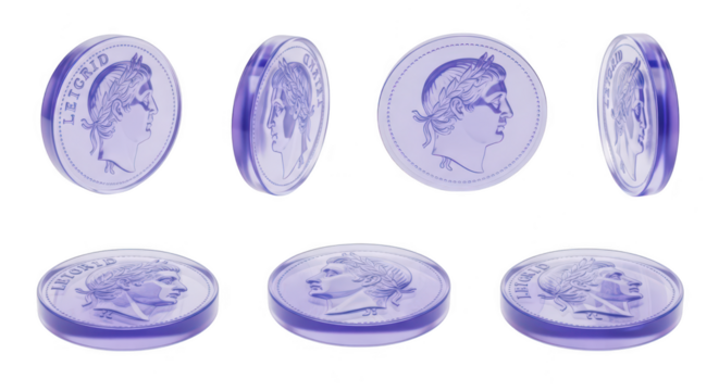 Purple coins in different angles on white background used for illustration of money finance or history