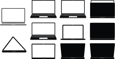 Laptop icon set, black silhouette, front view, different screen styles, flat vector illustration, modern device collection for digital use