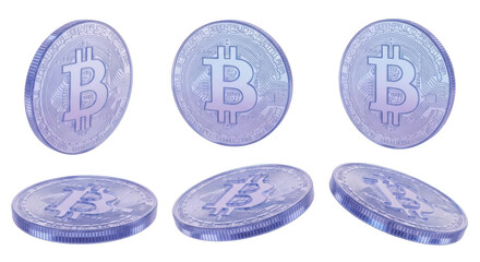 Multiple rendering of a digital cryptocurrency the Bitcoin floating in different angled positions isolated on a plain white background for use in financial illustrations