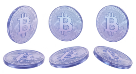 Multiple rendering of a digital cryptocurrency the Bitcoin floating in different angled positions isolated on a plain white background for use in financial illustrations