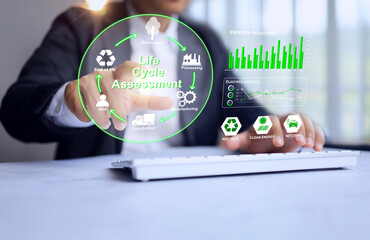 Life cycle assessment LCA concept with businessman working on manufacturing the products cycle footprint from start to end process for reduce carbon dioxide emission