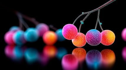 Neon berries in a spherical shape on branches are located in the center on a black background, modern art style and minimalism.