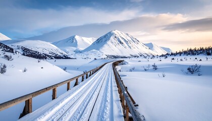Snowy winter landscape with wooden railway bridge