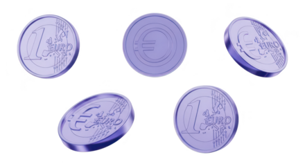Violet Euro coins in varying positions floating in space white background used for financial concepts