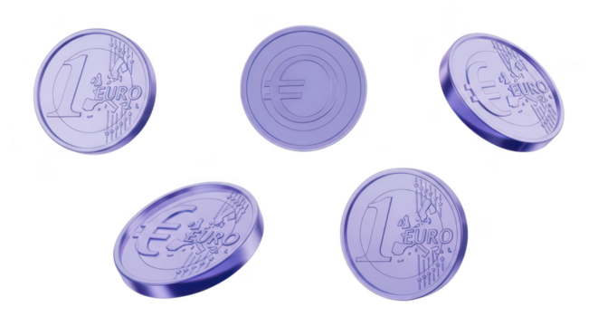 Violet Euro coins in varying positions floating in space white background used for financial concepts
