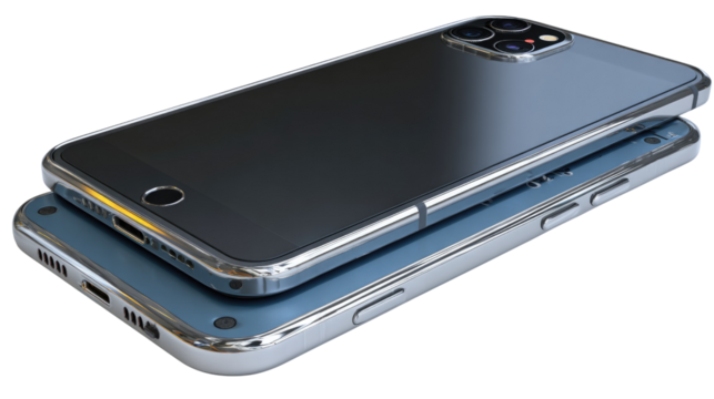 Two modern smartphones stacked on top of each other showcasing sleek designs and innovative technology features - Powered by Adobe