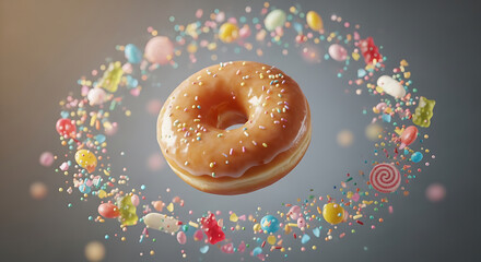 Indulgent glazed donut with sprinkles levitating in a dynamic, whimsical explosion of colorful candy.