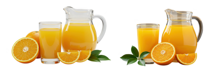 Two carafes of orange juice with glasses and orange slices isolated on transparent background