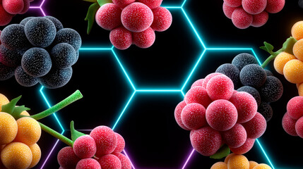 Abstract Art: Floating berries form geometric shapes with neon lighting in a modern art style.