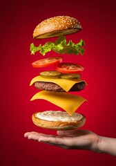 Floating deconstructed burger over crimson backdrop with all layers suspended above hand, dynamic fast food photo for commercial and advertising visuals