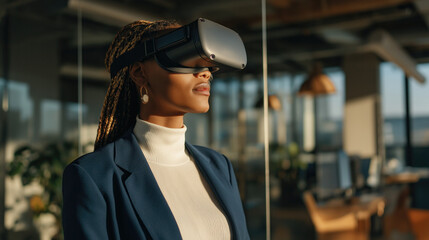 Professional woman experiencing virtual reality technology in modern office setting
