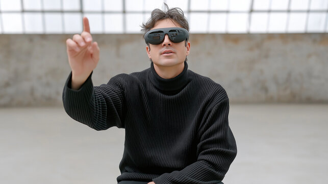 Latino man in black turtleneck interacting with virtual interface in modern space - Powered by Adobe