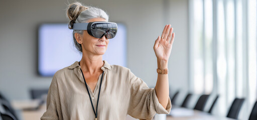 Mature woman engaging with virtual reality technology in contemporary office setting for innovation and learning