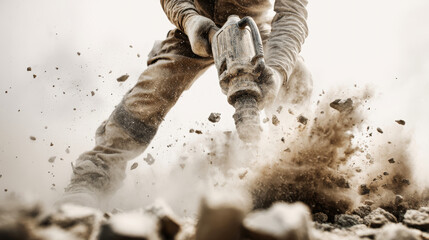 Worker energetically breaking concrete wall with jackhammer, creating a dynamic cloud of dust and debris in the air