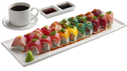 Colorful sushi platter with assorted fish, wasabi, soy sauce, and a cup of coffee on white background