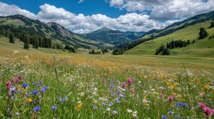 Lush alpine meadow, colorful wildflowers, mountains