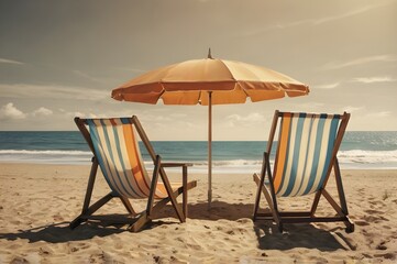 Two striped deck chairs under a large umbrella face the ocean on a peaceful sandy beach, creating a tranquil vacation setting with clear skies and gentle waves in the background.