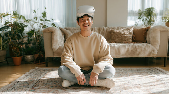 Young asian man relaxing in cozy living room wearing beige sweatshirt and virtual reality headset for home entertainment experience