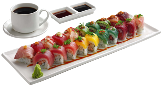 Colorful sushi platter with assorted fish, wasabi, soy sauce, and a cup of coffee on white background - Powered by Adobe