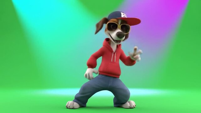 3D animated cartoon dog dancing hip-hop in cool shades on a clean green screen background