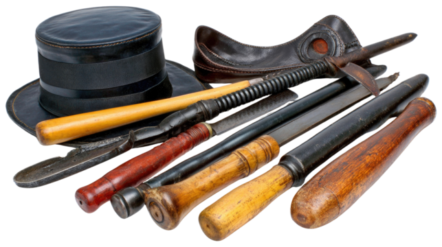 Vintage Hat and Leather Tools for Crafting and Tailoring on a White Background