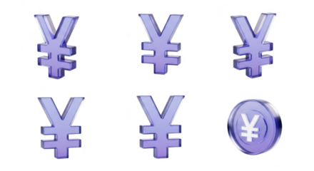 Six violet Yen symbols arranged on a white backdrop Illustrative visualization of currency for financial reporting economics and investments