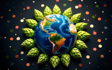 Celebrating international beer day with earth surrounded by hops and festive confetti on a dark background. High quality