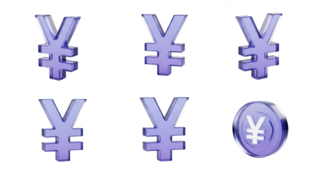 Six violet Yen symbols arranged on a white backdrop Illustrative visualization of currency for financial reporting economics and investments