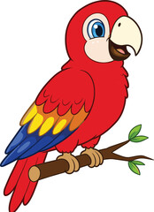 Colorful cartoon parrot with red, blue, and yellow feathers sitting on a tree branch, isolated on white background illustration