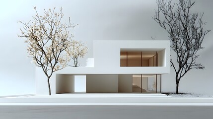 A modern architectural model showcases a minimalist white house design surrounded by bare trees in winter.