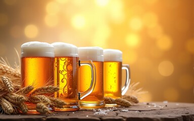 International brew day celebration with beer mugs and wheat for a festive occasion event poster design. High quality