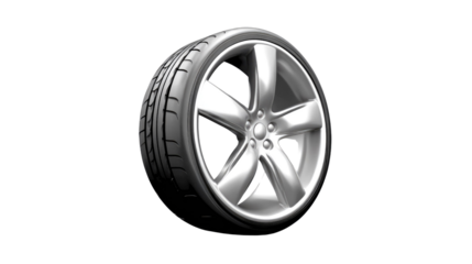 High-Performance Silver Alloy Wheel with Deep Tread Tire on Clear Background for Automotive Use