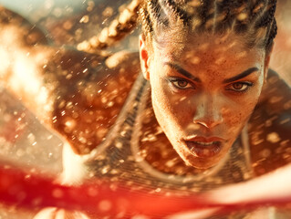 Black female sprinter crossing 100-meter finish line in powerful victory. Concept of explosive speed, emotional triumph, female athleticism, summer sprint excellence.