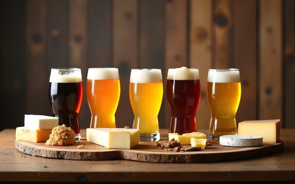 International beer day: Glasses of craft beers in a table top with various types of cheeses and snacks. High quality