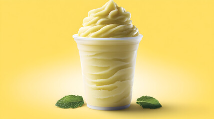 A creamy pineapple slushy a plastic cup, garnished fresh mint leaves, a yellow background.