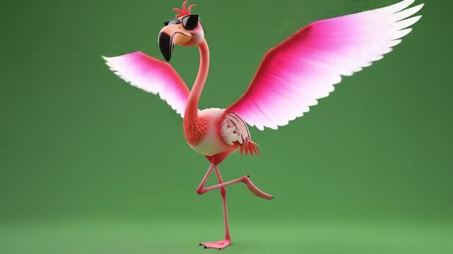 3D cartoon flamingo with long legs dancing elegantly with shades, green background