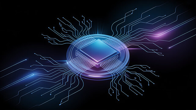 A glowing microchip at the center of a complex, interconnected circuit board, symbolizing advanced processing.
