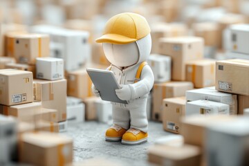 A stylish person wearing a yellow hat and white suit is standing confidently in front of a row of boxes. They appear to be focused and engaged.