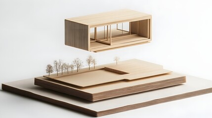A wooden architectural model presents a minimalist house design with a landscape on a layered base.