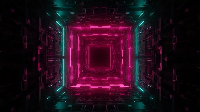 Pulsing tunnel animation, neon cube core, digital art, sci-fi interior, centered perspective, futuristic data vortex concept - Powered by Adobe