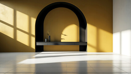 Modern interior with vibrant yellow wall, arch, and sleek console, perfect for design projects