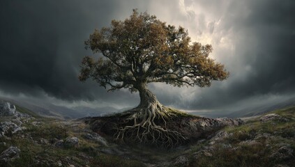 A solitary, large deciduous tree with exposed roots stands on a rocky hilltop under a dramatic, stormy sky